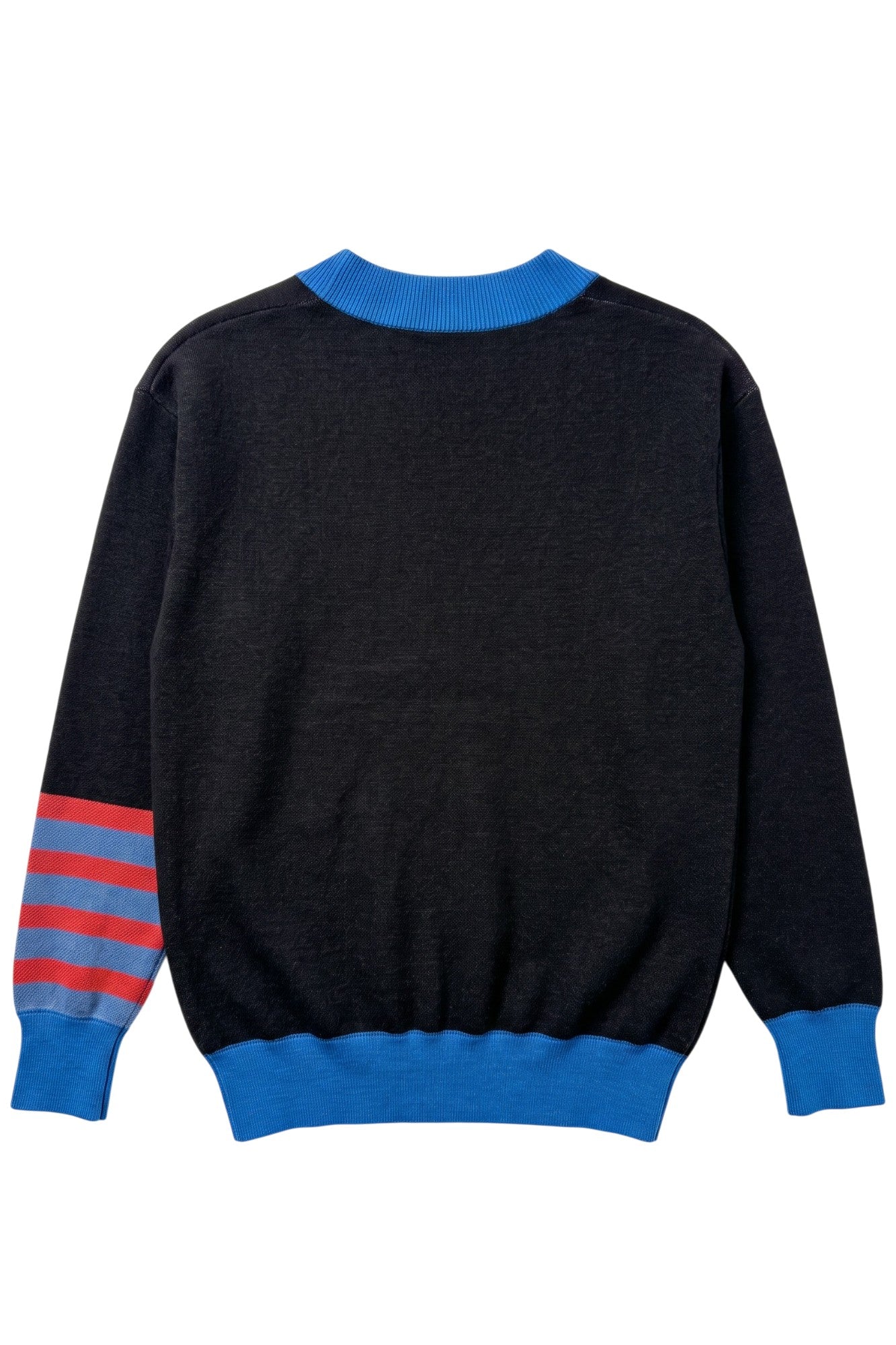 DePaul University Letterman Band Knit Sweater cardigan in Black with knitted DIBS graphic and colorful sleeve bands by SOUNDOFF - back