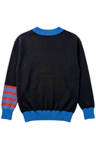 DePaul University Letterman Band Knit Sweater cardigan in Black with knitted DIBS graphic and colorful sleeve bands by SOUNDOFF - back