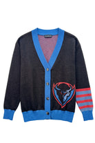 DePaul University Letterman Band Knit Sweater cardigan in Black with knitted DIBS graphic and colorful sleeve bands by SOUNDOFF - front