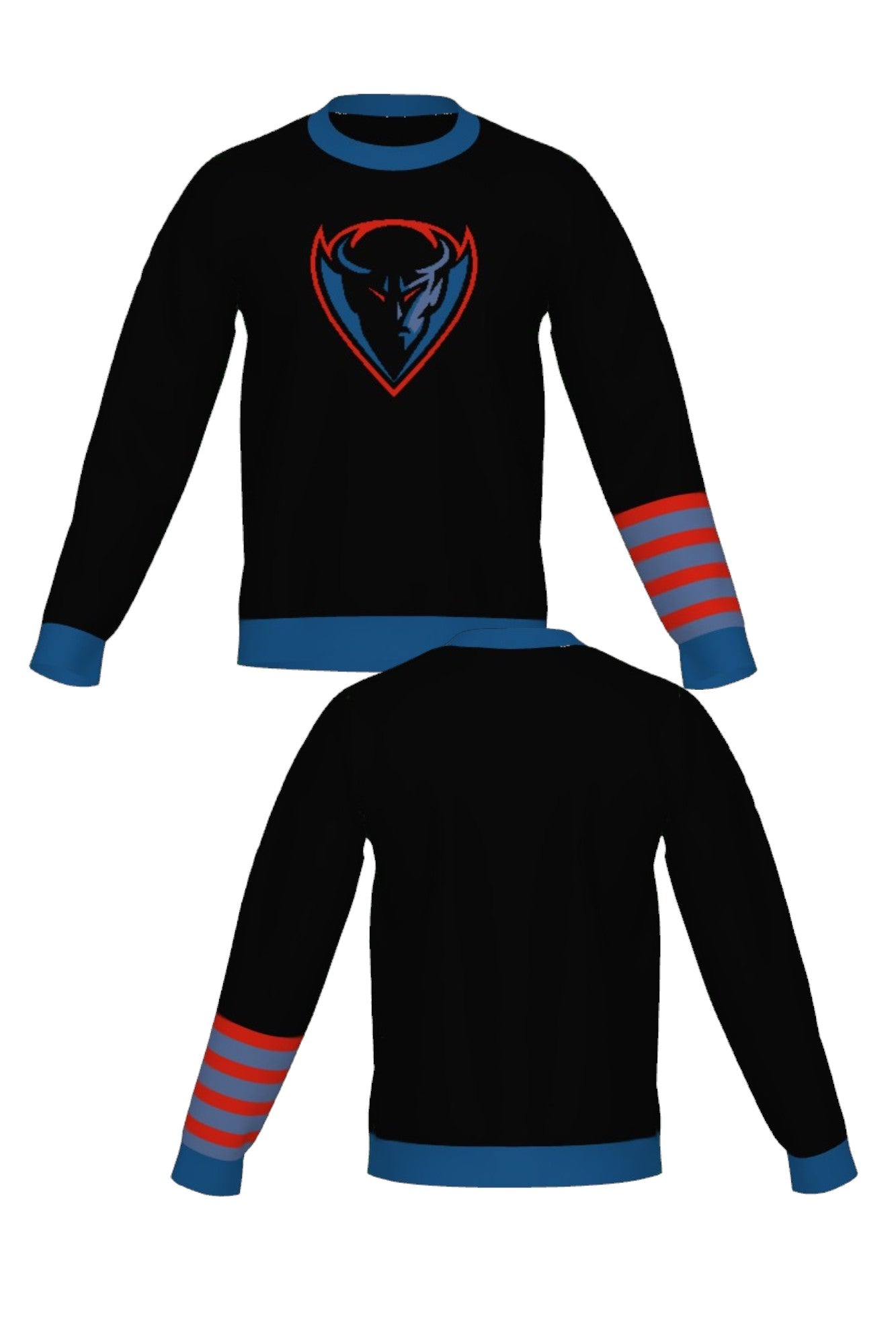 DePaul University Letterman Band Knit Sweater crew neck in Black with knitted DIBS graphic and colorful sleeve bands by SOUNDOFF - front and back