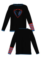 DePaul University Letterman Band Knit Sweater women's in Black with knitted DIBS graphic and colorful sleeve bands by SOUNDOFF - front and back