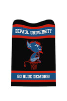 DePaul University varsity knit throw blanket in black, yale blue, red, and white with Billy Blue Demon mascot by SOUNDOFF - front