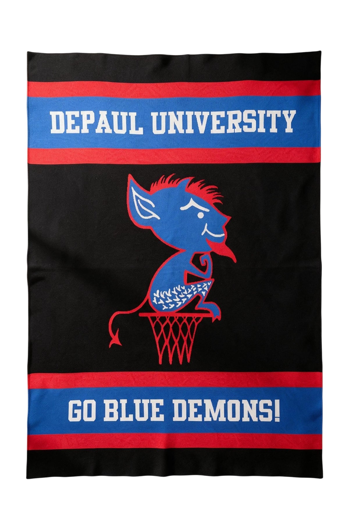DePaul University varsity knit throw blanket in black, yale blue, red, and white with Billy Blue Demon mascot by SOUNDOFF - front