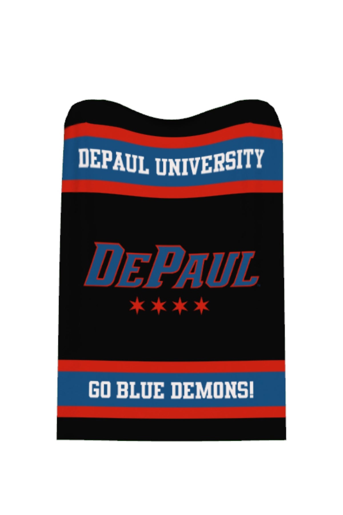 DePaul University varsity knit throw blanket in black, yale blue, red, and white with DEPAUL script wordmark and the four, six-point starts representing the Chicago flag by SOUNDOFF - front