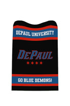 DePaul University varsity knit throw blanket in black, yale blue, red, and white with DEPAUL script wordmark and the four, six-point starts representing the Chicago flag by SOUNDOFF - front