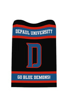 DePaul University varsity knit throw blanket in black, yale blue, red, and white with DePaul D graphic logo by SOUNDOFF - front