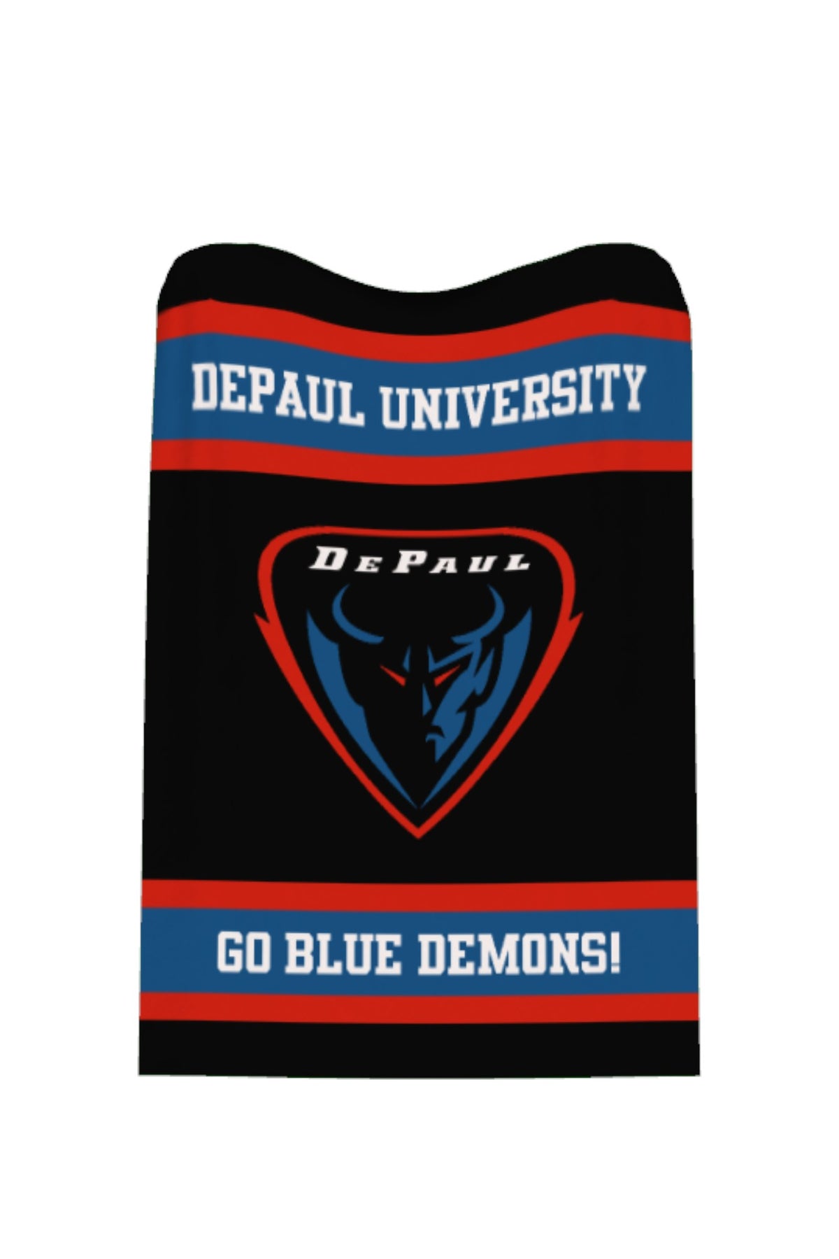 DePaul University varsity knit throw blanket in black, yale blue, red, and white with DIBS mascot and DePaul script wordmark by SOUNDOFF - front