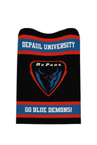 DePaul University varsity knit throw blanket in black, yale blue, red, and white with DIBS mascot and DePaul script wordmark by SOUNDOFF - front