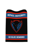 DePaul University varsity knit throw blanket in black, yale blue, red, and white with DIBS mascot by SOUNDOFF - front