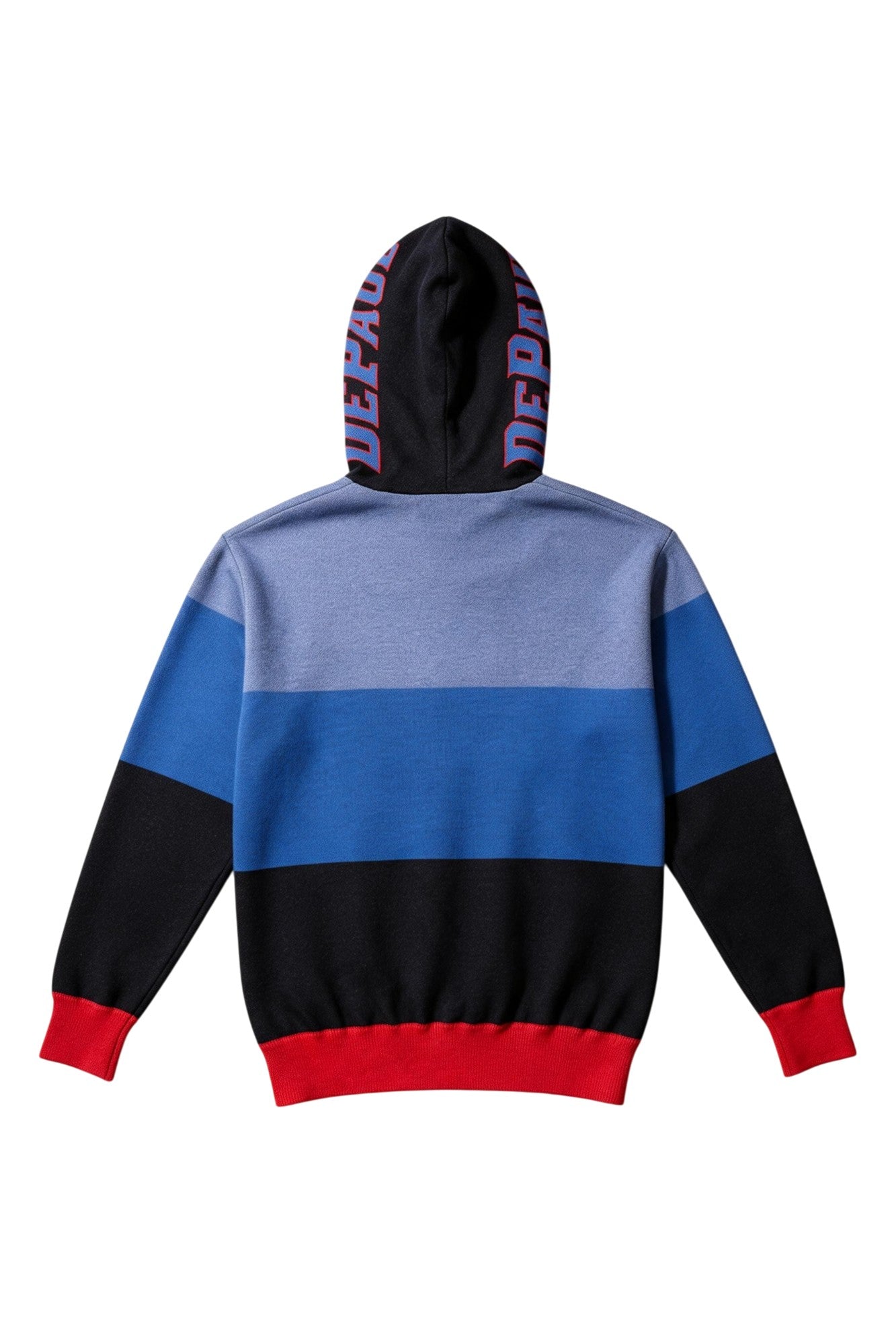 DePaul Varsity Tri Stripe Hooded Knit Sweater with Block DEPAUL graphic in Denim Blue with red outline and DIBs blue demon crest patch by SOUNDOFF - back