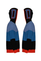 DePaul Varsity Tri Stripe Hooded Knit Sweater with DePaul D graphic in Denim Blue with red outline and DIBs blue demon crest patch by SOUNDOFF - side
