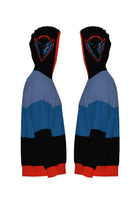 DePaul Varsity Tri Stripe Hooded Knit Sweater with DIBs Blue Demon graphic in Denim Blue, black and red with DIBs blue demon crest patch by SOUNDOFF - side
