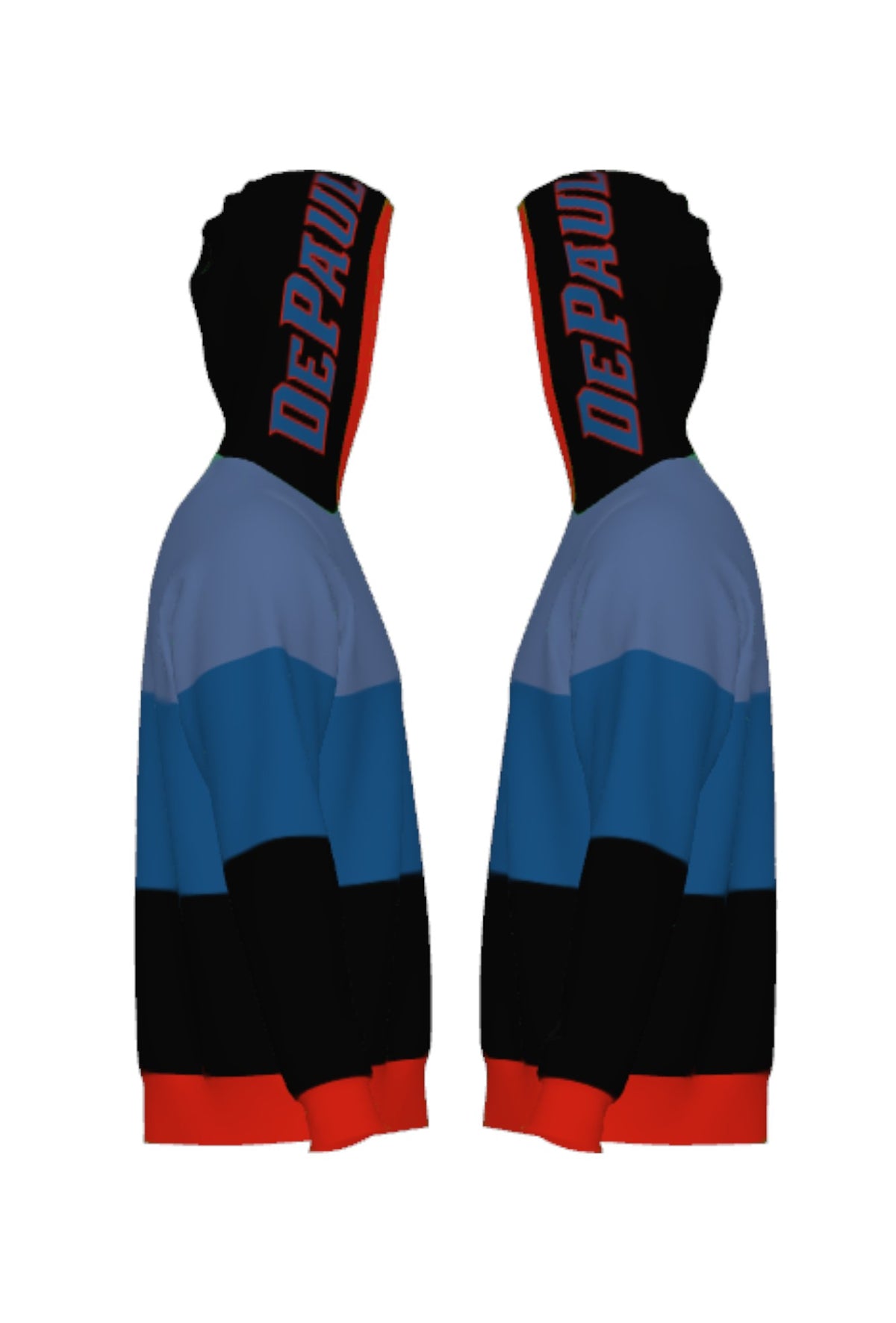 DePaul Varsity Tri Stripe Hooded Knit Sweater with script DePaul graphic in Denim Blue with red outline and DIBs blue demon crest patch by SOUNDOFF - side