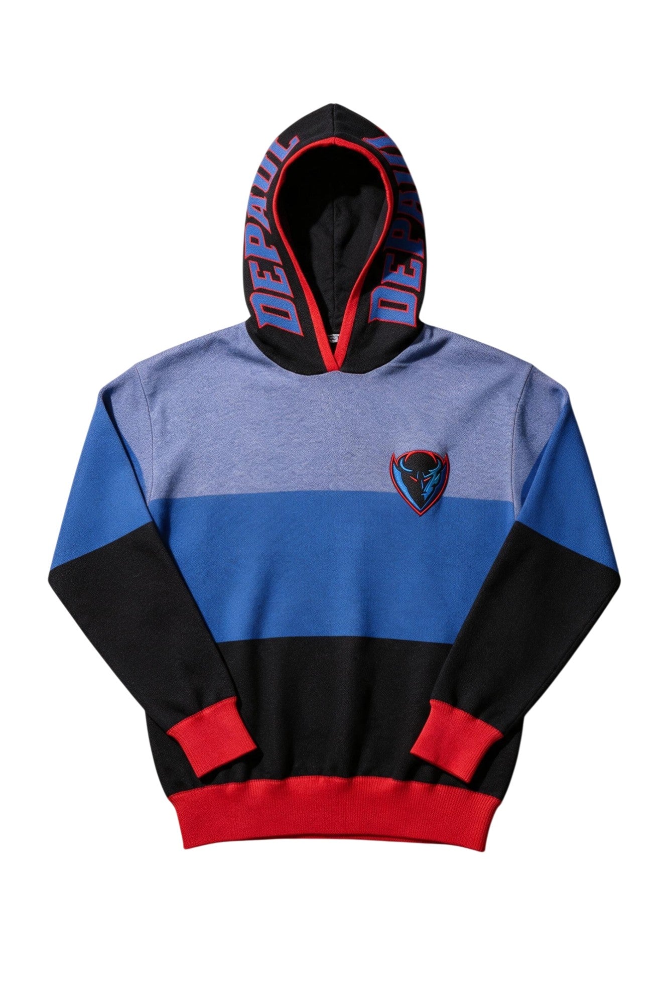 DePaul Varsity Tri Stripe Hooded Knit Sweater with Block DEPAUL graphic in Denim Blue with red outline and DIBs blue demon crest patch by SOUNDOFF - front
