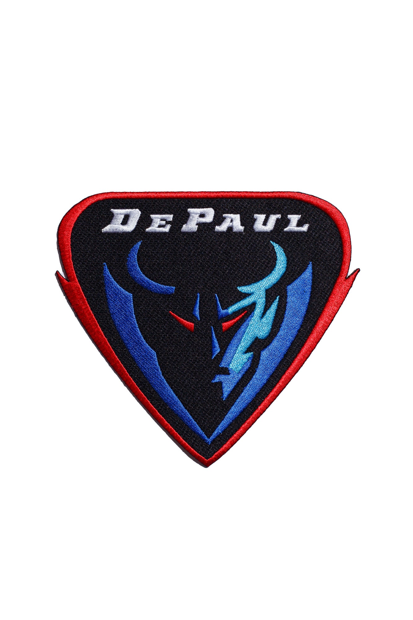 DePaul University DIBS Blue Demons varsity embroidered patch – premium iron-on patch in red, blue, and black featuring the official DePaul mascot, 5.6 inches wide by 6.2 inches tall