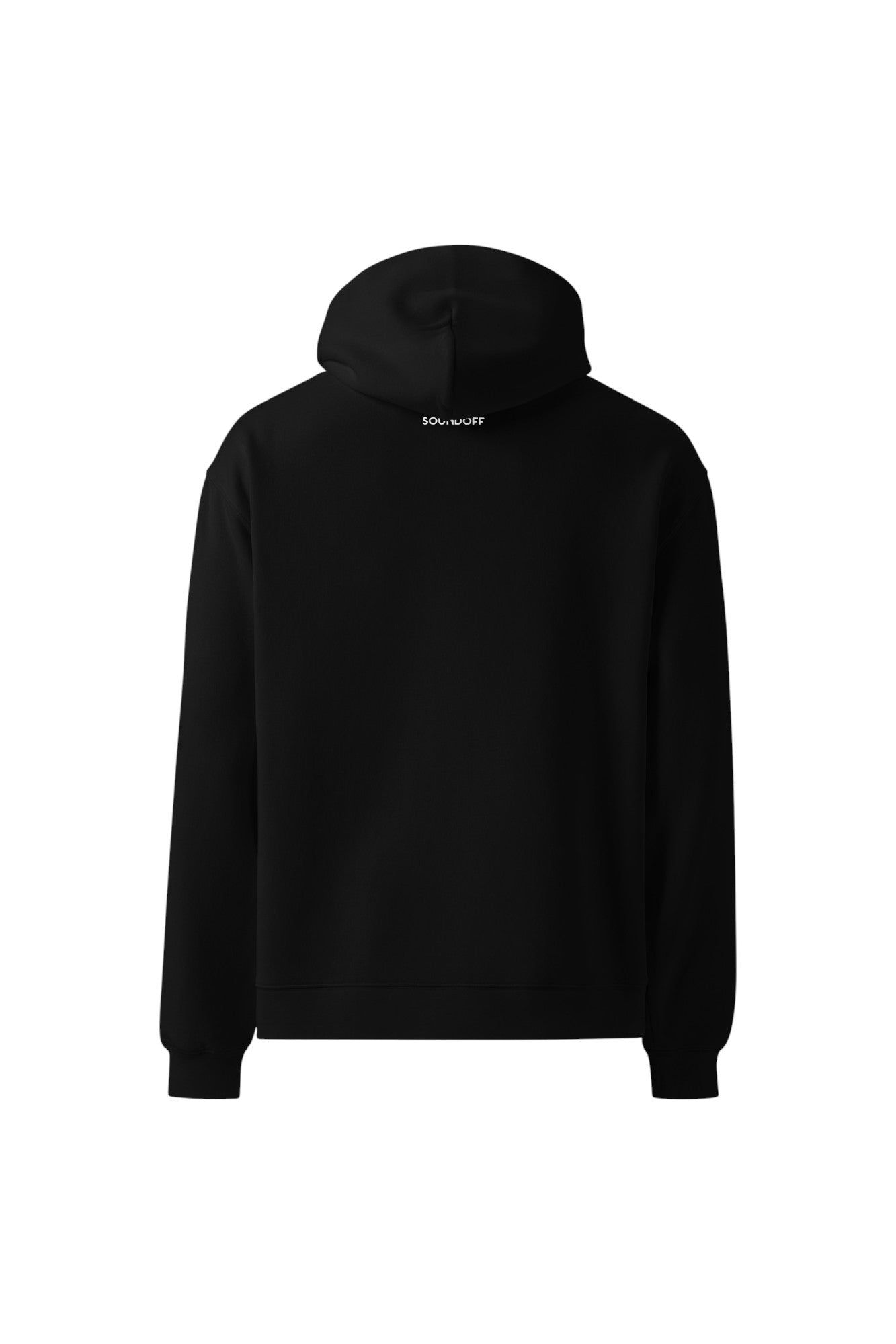 Black hoodie pullover fleece with a soundoff logo on the back against a white background