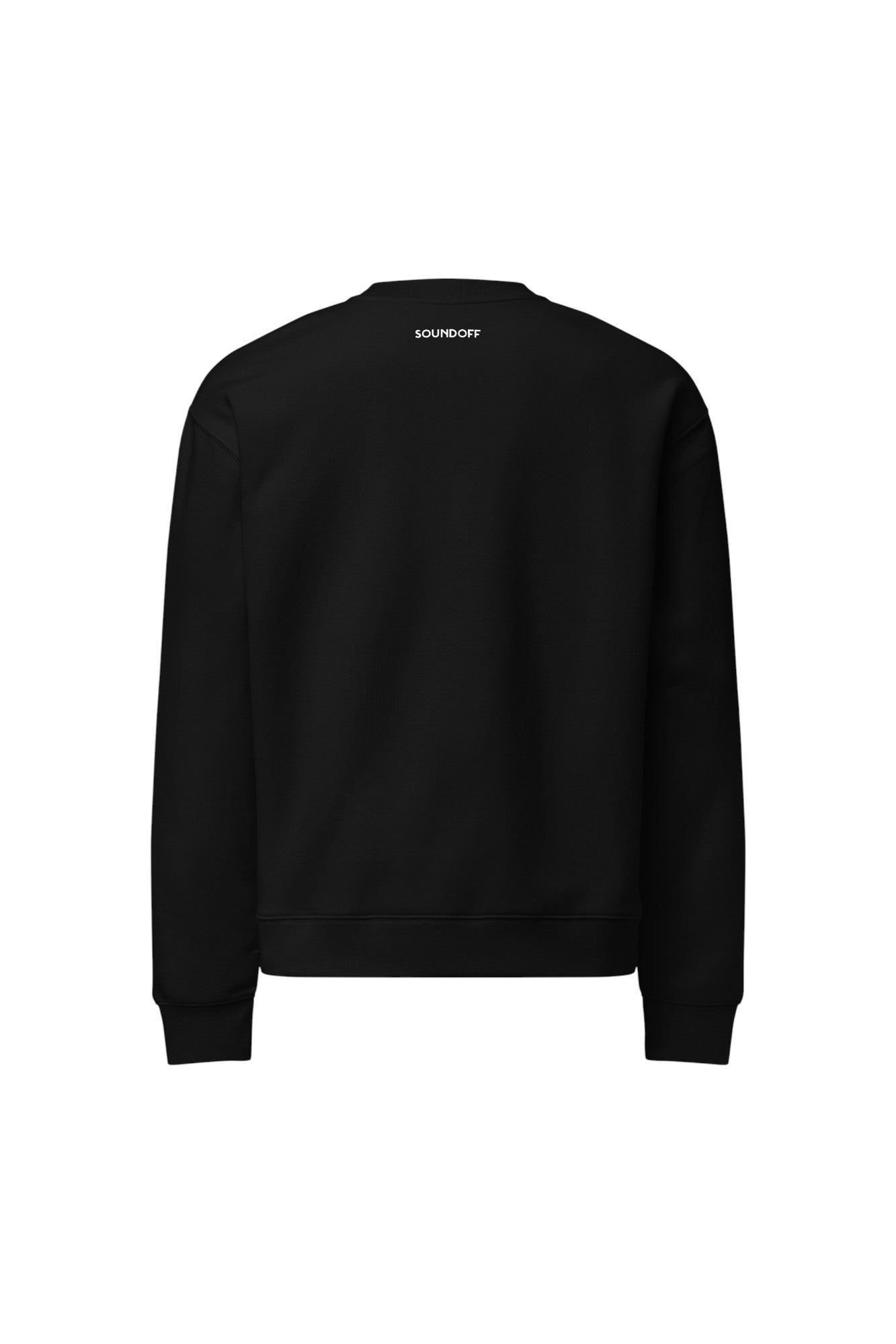 Black crewneck fleece with a soundoff logo on the back against a white background