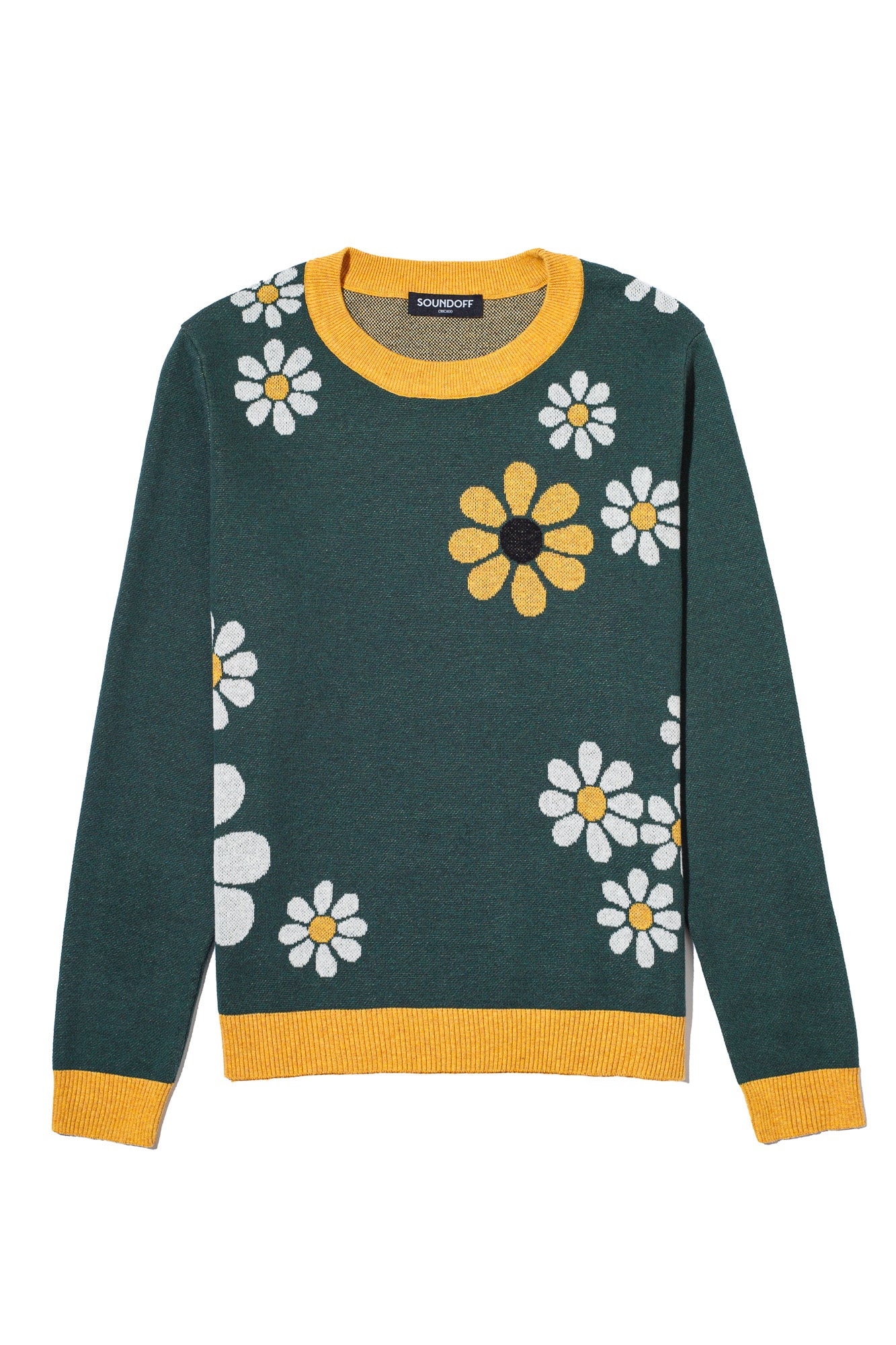 field of daisies classic crew neck knit sweater in pine green with yellow daisy pattern front view by soundoff