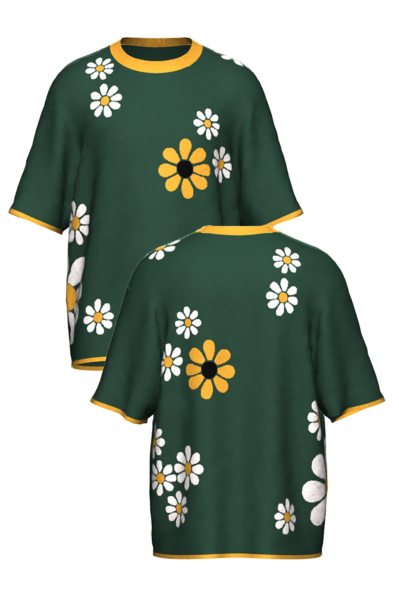field of daisies short sleeve knit sweater in pine green with yellow daisy pattern front and back view by soundoff