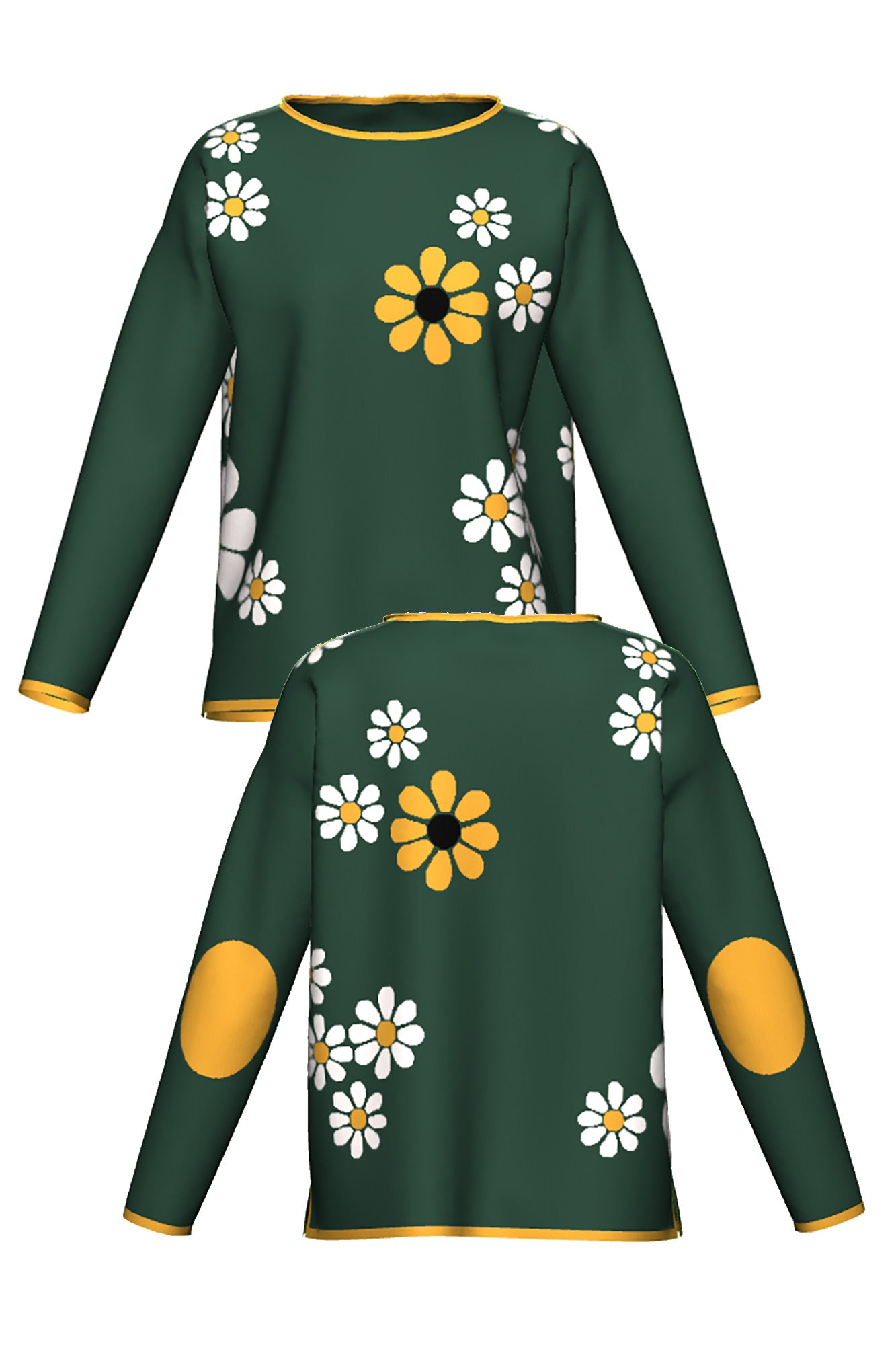 field of daisies women's knit sweater in pine green with yellow daisy pattern front and back view by soundoff