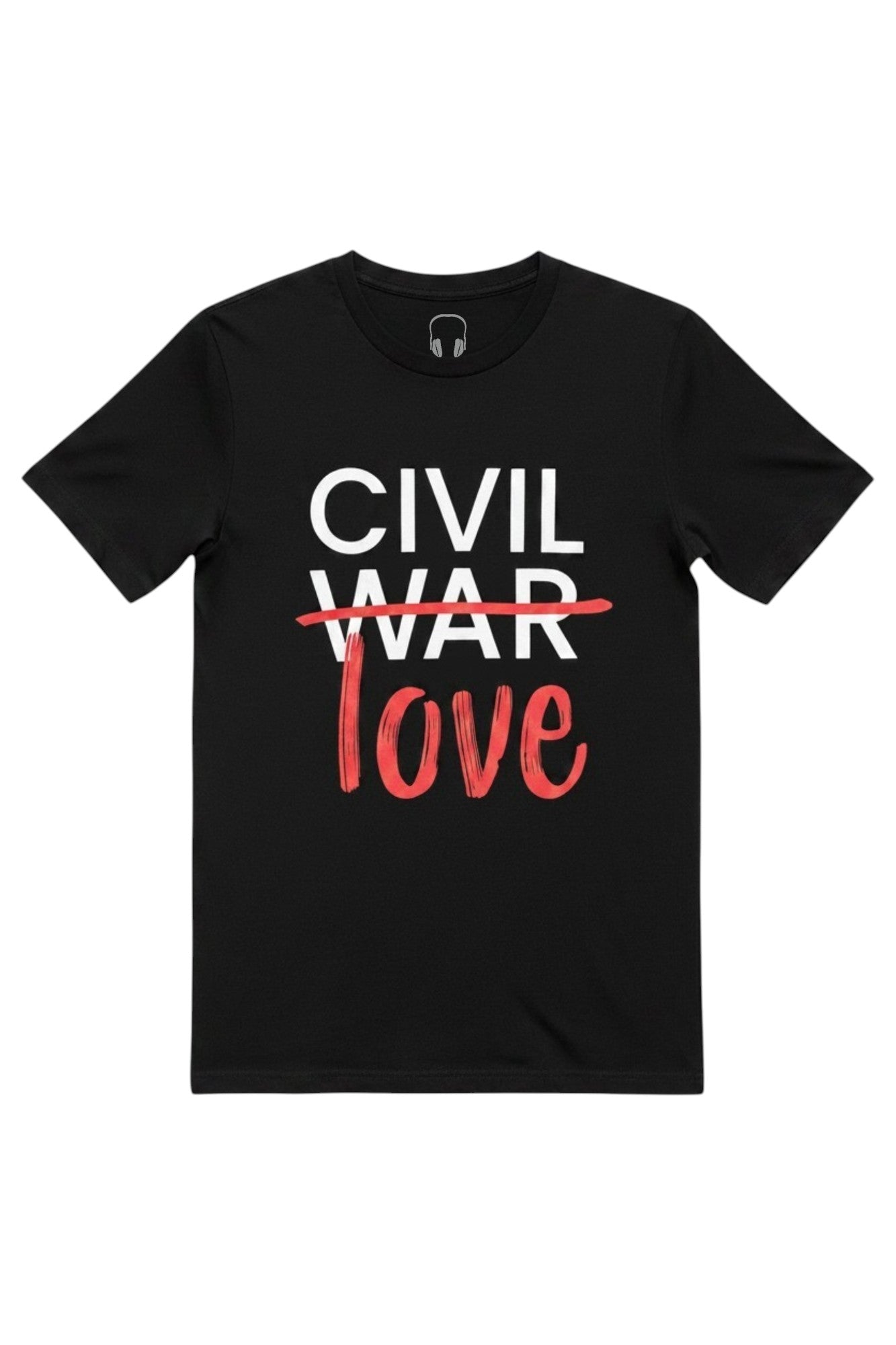 Front view of the black Flip The Script Issue 01 Civil War Graphic Tee, showing white stacked modern typography with a red marker-style strikeout through the word WAR and the word love written in red below.