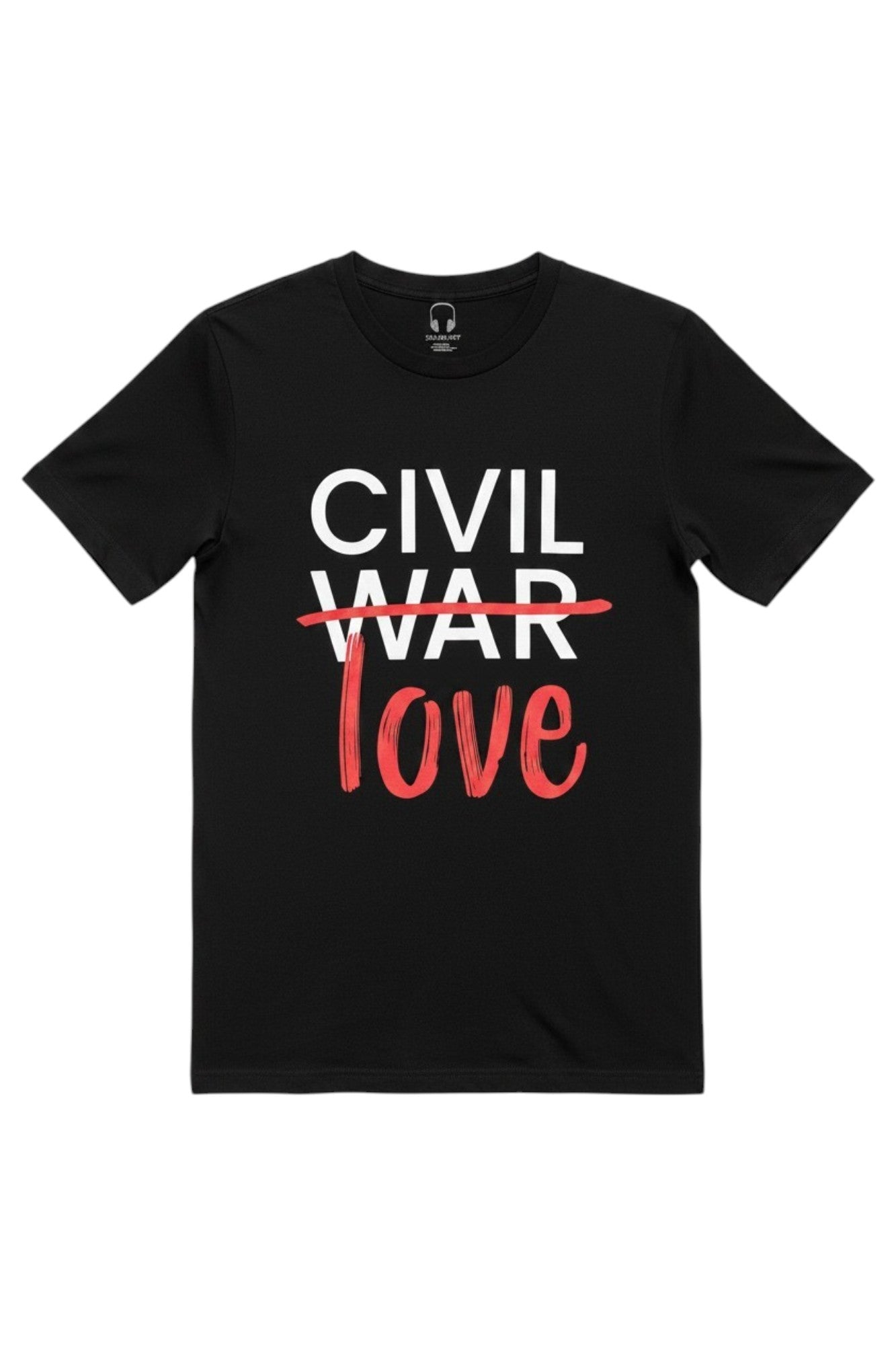 Front view of the black Flip The Script Issue 01 Civil War Graphic Tee, showing white stacked modern typography with a red marker-style strikeout through the word WAR and the word love written in red below.