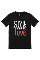 Front view of the black Flip The Script Issue 01 Civil War Graphic Tee, showing white stacked modern typography with a red marker-style strikeout through the word WAR and the word love written in red below.