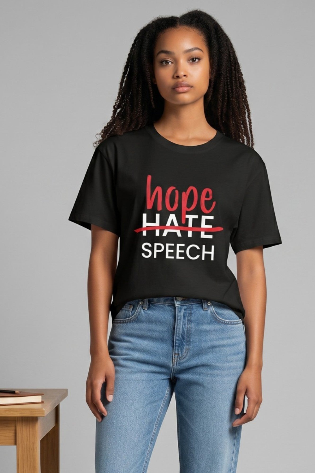 On-body traditional fit view of the black Hate Speech Flip The Script Graphic Tee, showcasing the premium 100% cotton drape, crew neck, and coverstitched sleeve details.