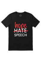Front view of the black Flip The Script Issue 02 Hate Speech Graphic Tee, showing white stacked modern typography with a red marker-style strikeout through the word HATE and the word hope written in red below.
