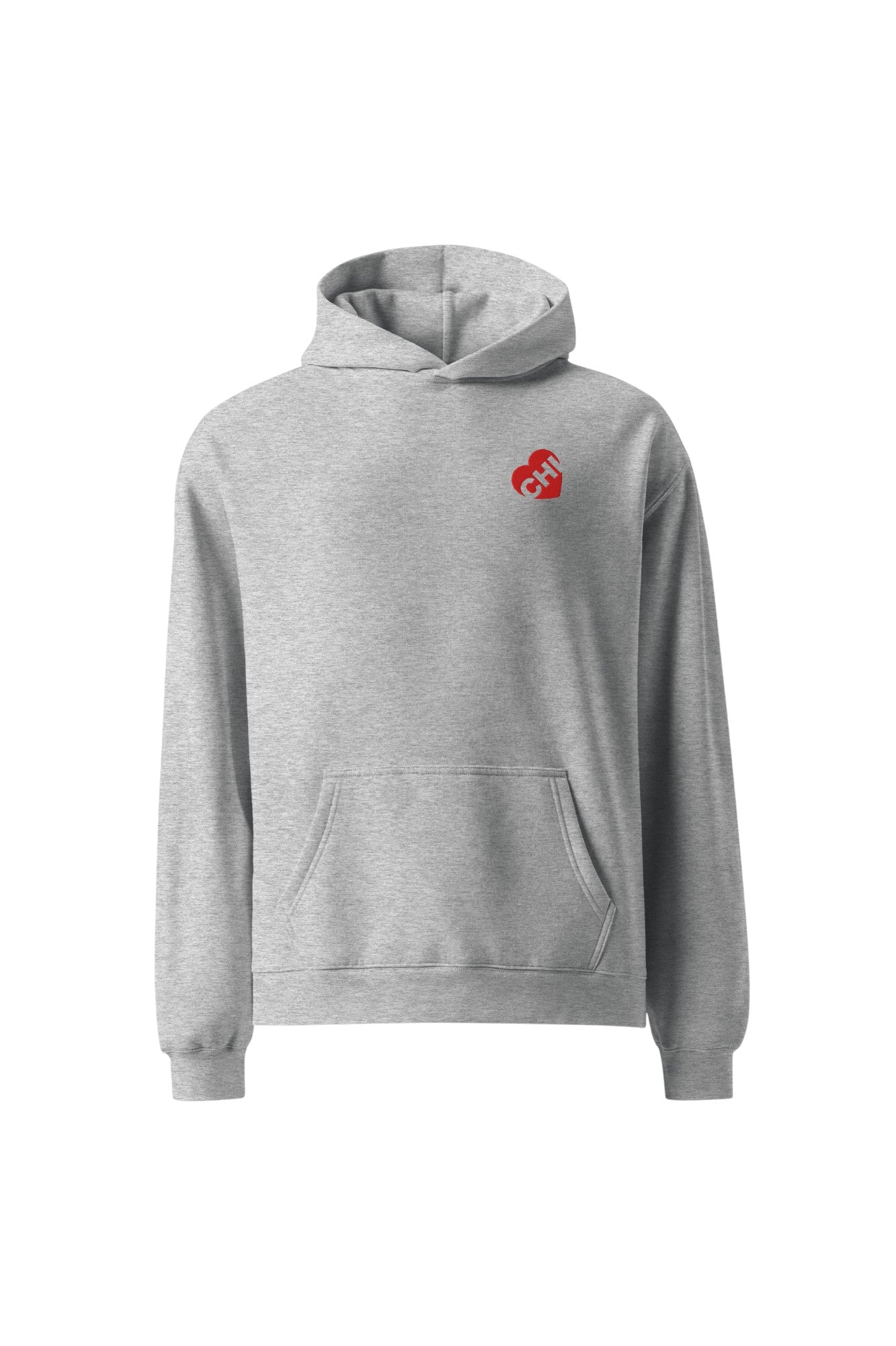soundoff designed heart of chicago relaxed hooded pullover front in athletic heather grey with embroidered red chi heart on front 