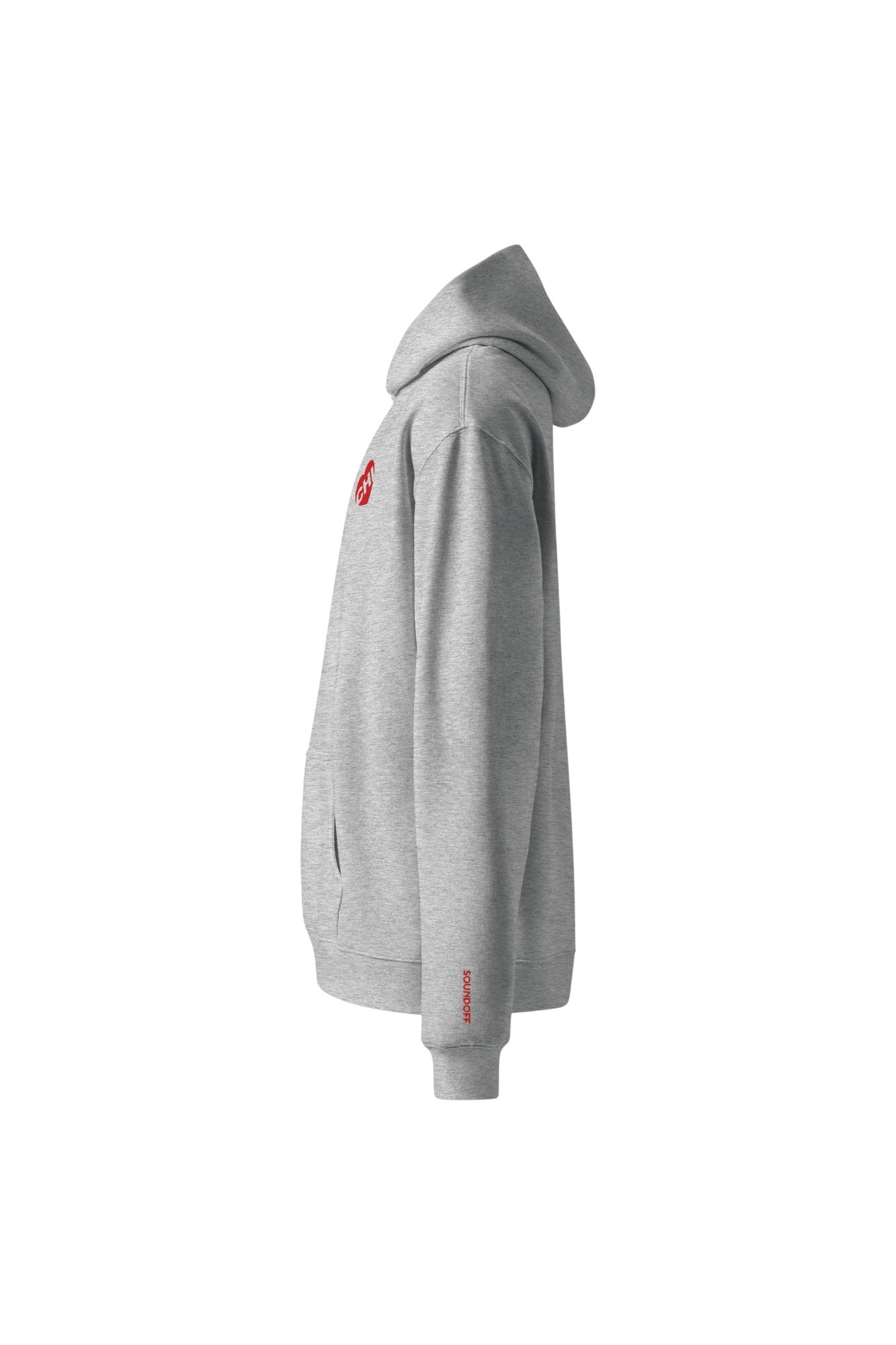 soundoff designed heart of chicago relaxed hooded pullover left sleeve in athletic heather grey with embroidered red soundoff on left sleeve above cuff 