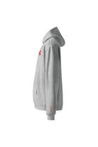 soundoff designed heart of chicago relaxed hooded pullover left sleeve in athletic heather grey with embroidered red soundoff on left sleeve above cuff 