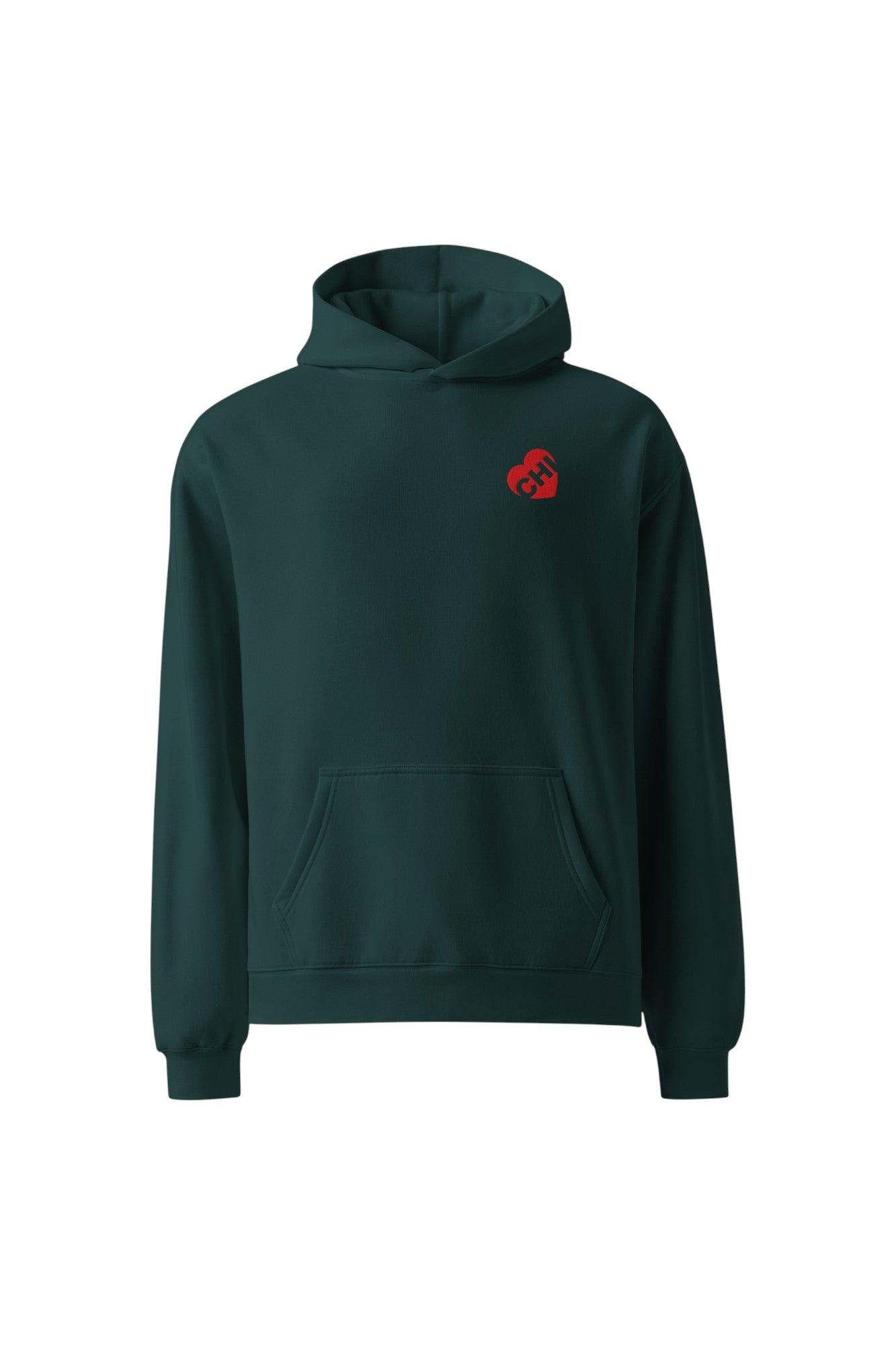 soundoff designed heart of chicago relaxed hooded pullover front in pine green with embroidered red chi heart on front 