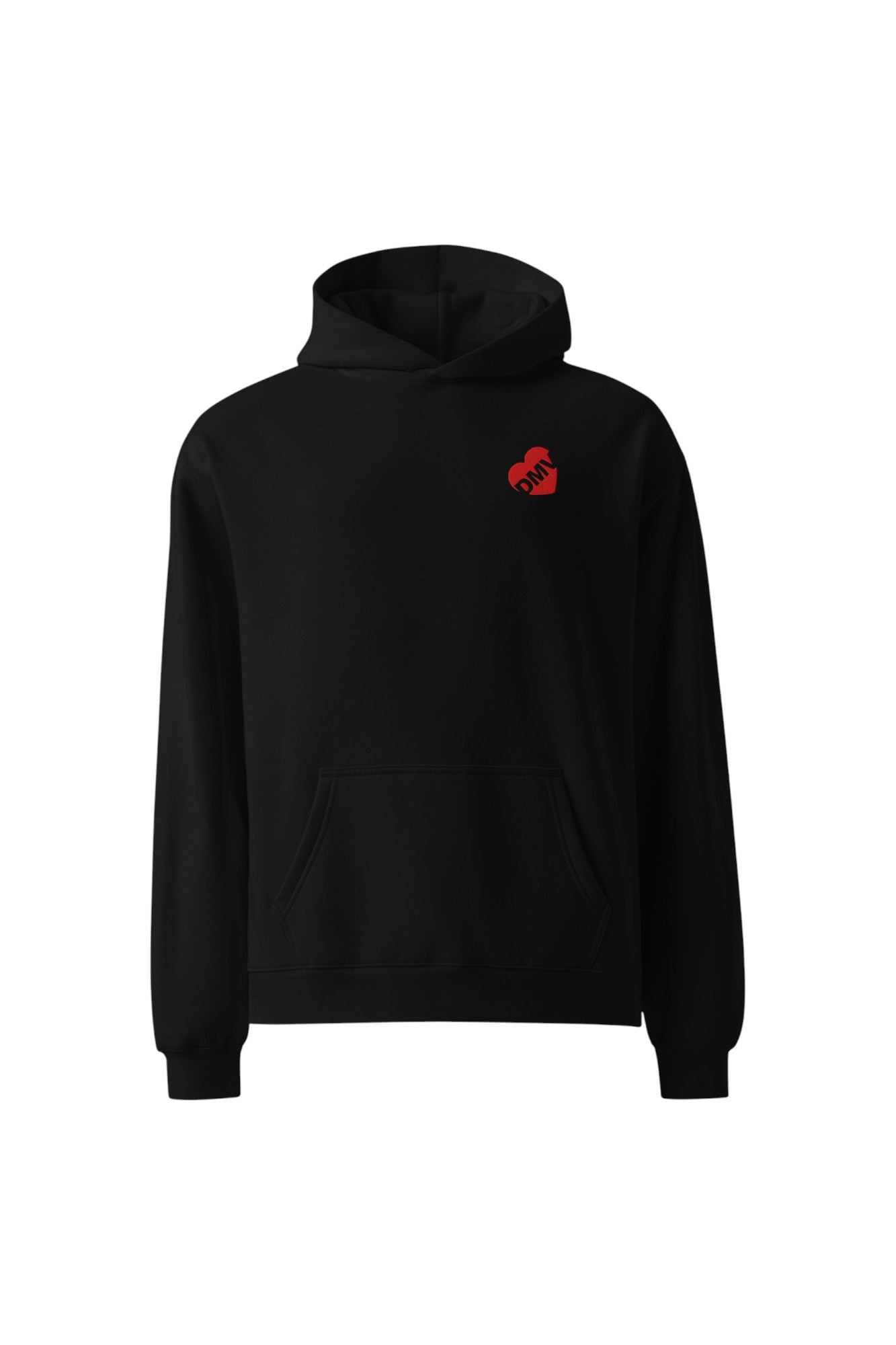 soundoff designed heart of the dmv relaxed hooded pullover front in black with embroidered red dmv heart on front 