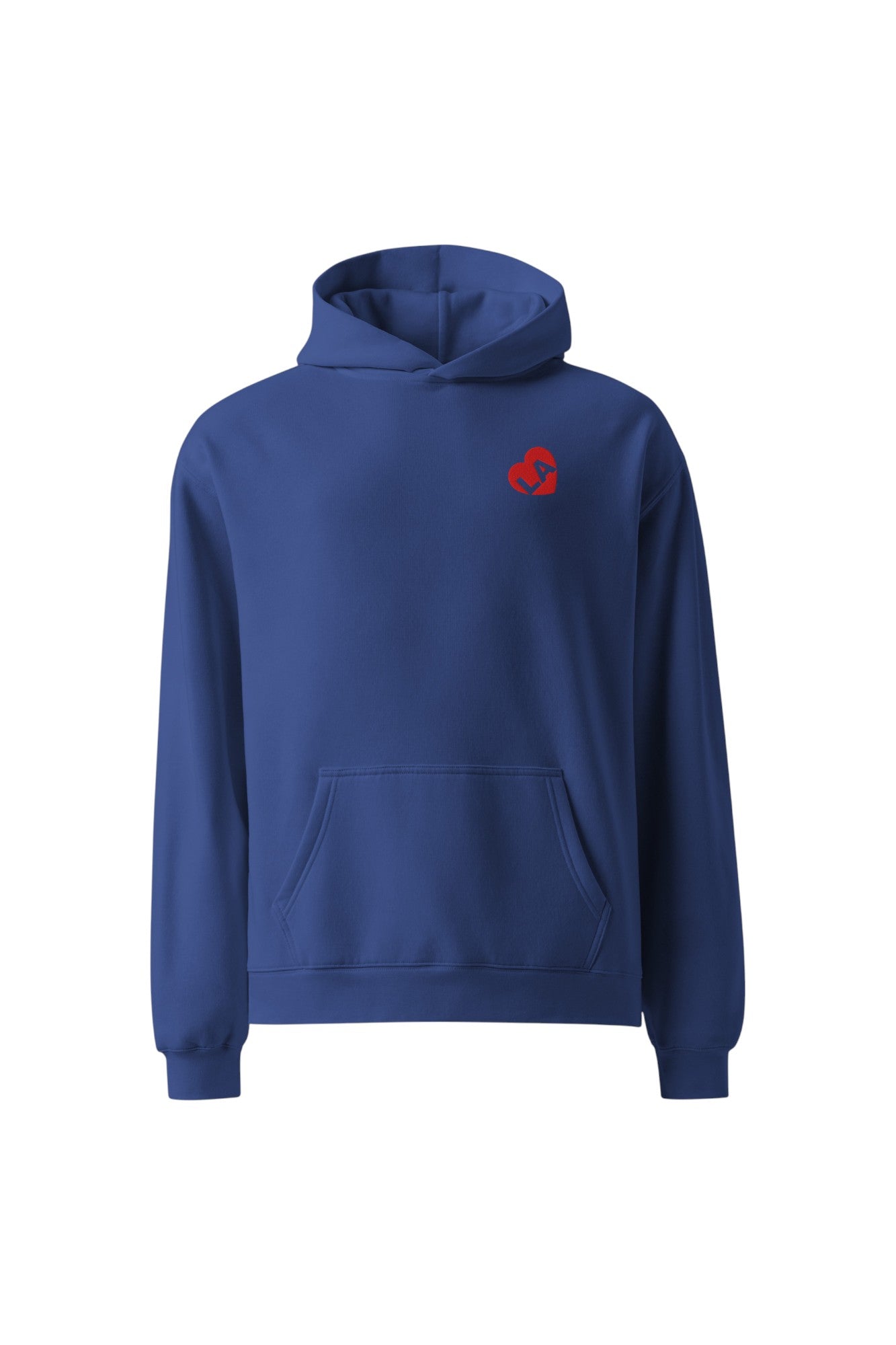 soundoff designed heart of la relaxed hooded pullover front in cobalt blue with embroidered red la heart on front 