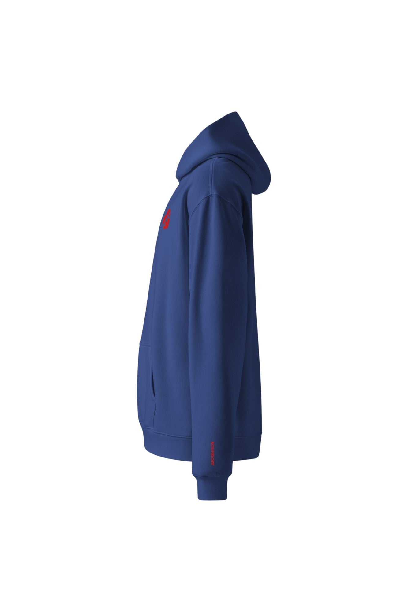 soundoff designed heart of nyc relaxed hooded pullover left side in cobalt blue with embroidered soundoff on left sleeve above cuff