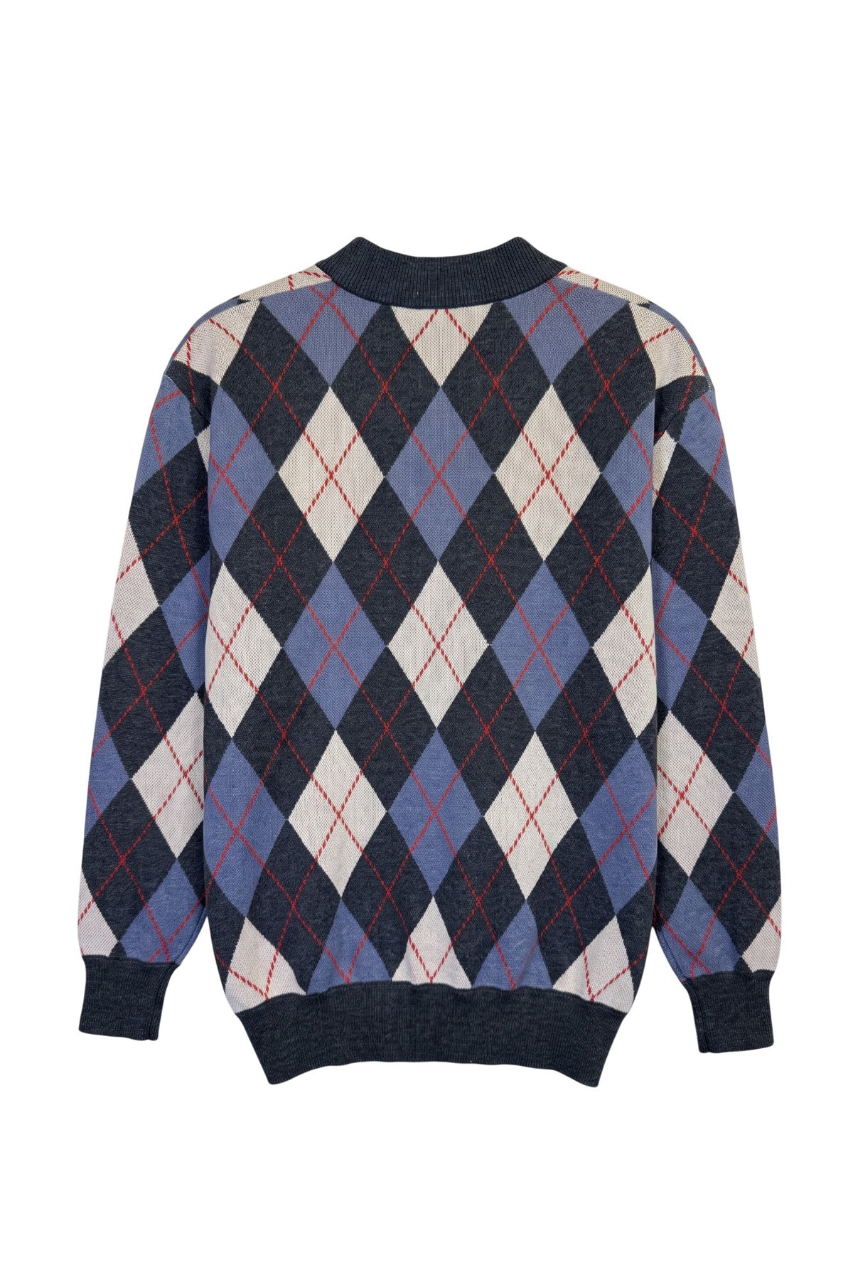 Howard University Argyle Knit cardigan Sweater by SOUNDOFF, featuring a navy, denim and white argyle pattern with red accent stripes, navy trim, and a white knitted Block H with HOWARD and UNIVERSITY in navy on the front - BACK