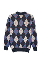 Howard University Argyle Knit cardigan Sweater by SOUNDOFF, featuring a navy, denim and white argyle pattern with red accent stripes, navy trim, and a white knitted Block H with HOWARD and UNIVERSITY in navy on the front - BACK