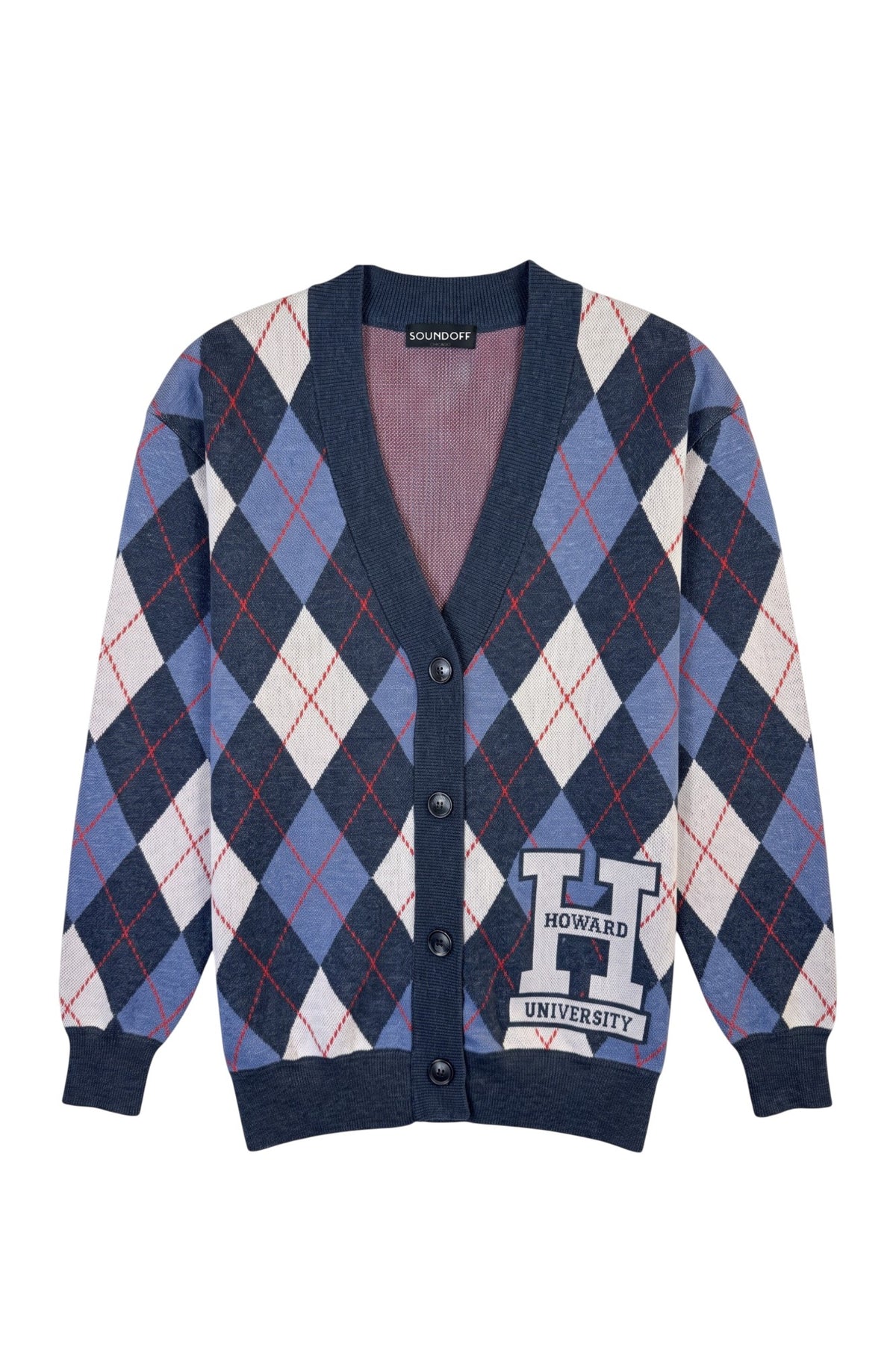 Howard University Argyle Knit cardigan Sweater by SOUNDOFF, featuring a navy, denim and white argyle pattern with red accent stripes, navy trim, and a white knitted Block H with HOWARD and UNIVERSITY in navy on the front - FRONT