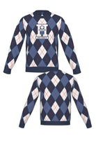 Howard University Argyle Knit crew neck Sweater by SOUNDOFF, featuring a navy, denim and white argyle pattern with red accent stripes, navy trim, and a white knitted Block H with HOWARD and UNIVERSITY in navy on the front - FRONT and BACK