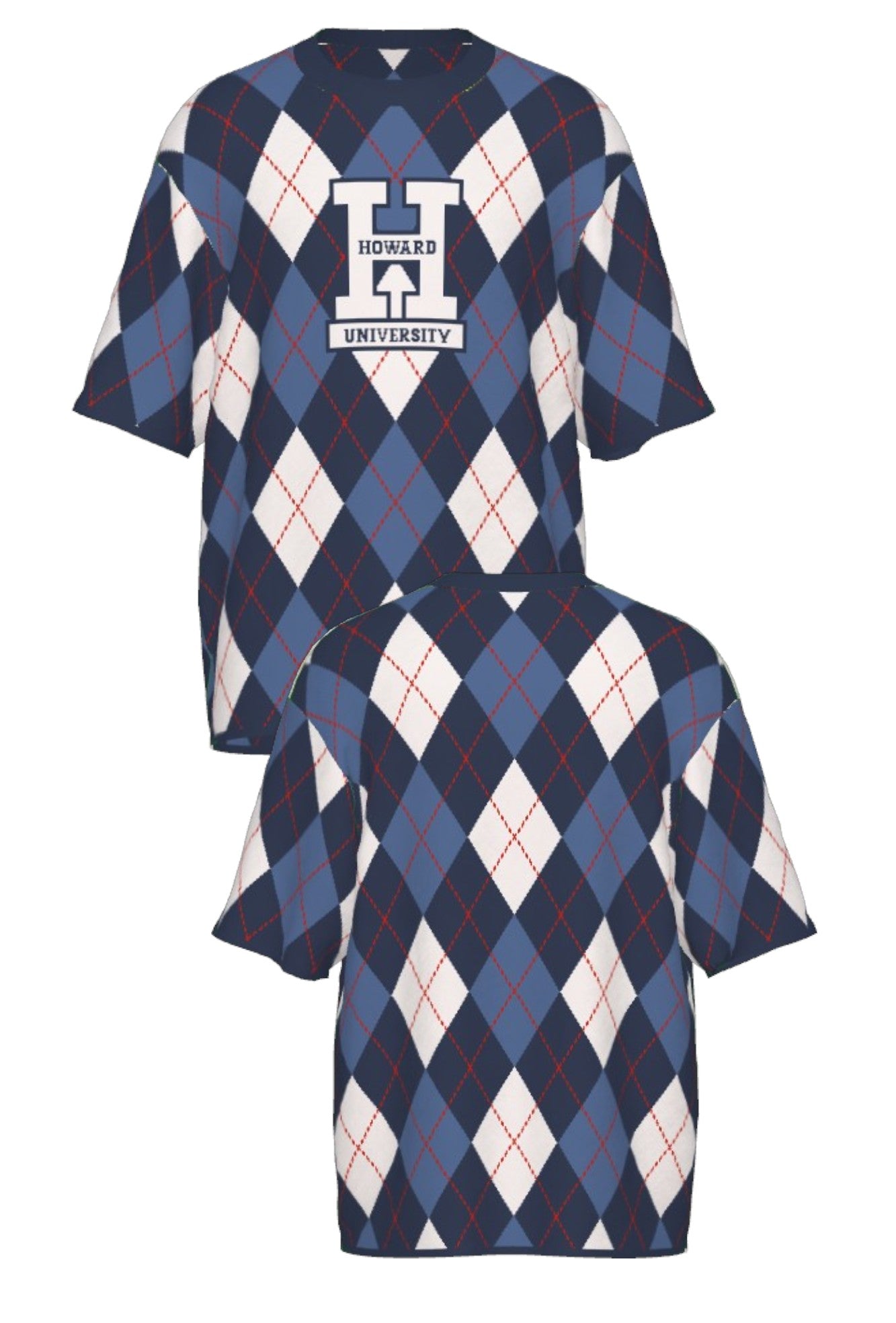 Howard University Argyle Knit short sleeve Sweater by SOUNDOFF, featuring a navy, denim and white argyle pattern with red accent stripes, navy trim, and a white knitted Block H with HOWARD and UNIVERSITY in navy on the front - FRONT and BACK