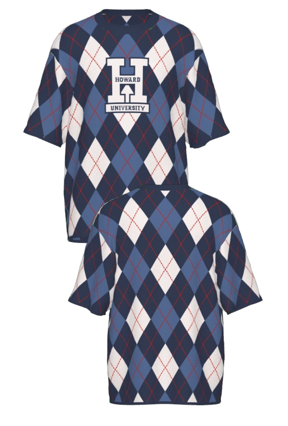 Howard University Argyle Knit short sleeve Sweater by SOUNDOFF, featuring a navy, denim and white argyle pattern with red accent stripes, navy trim, and a white knitted Block H with HOWARD and UNIVERSITY in navy on the front - FRONT and BACK