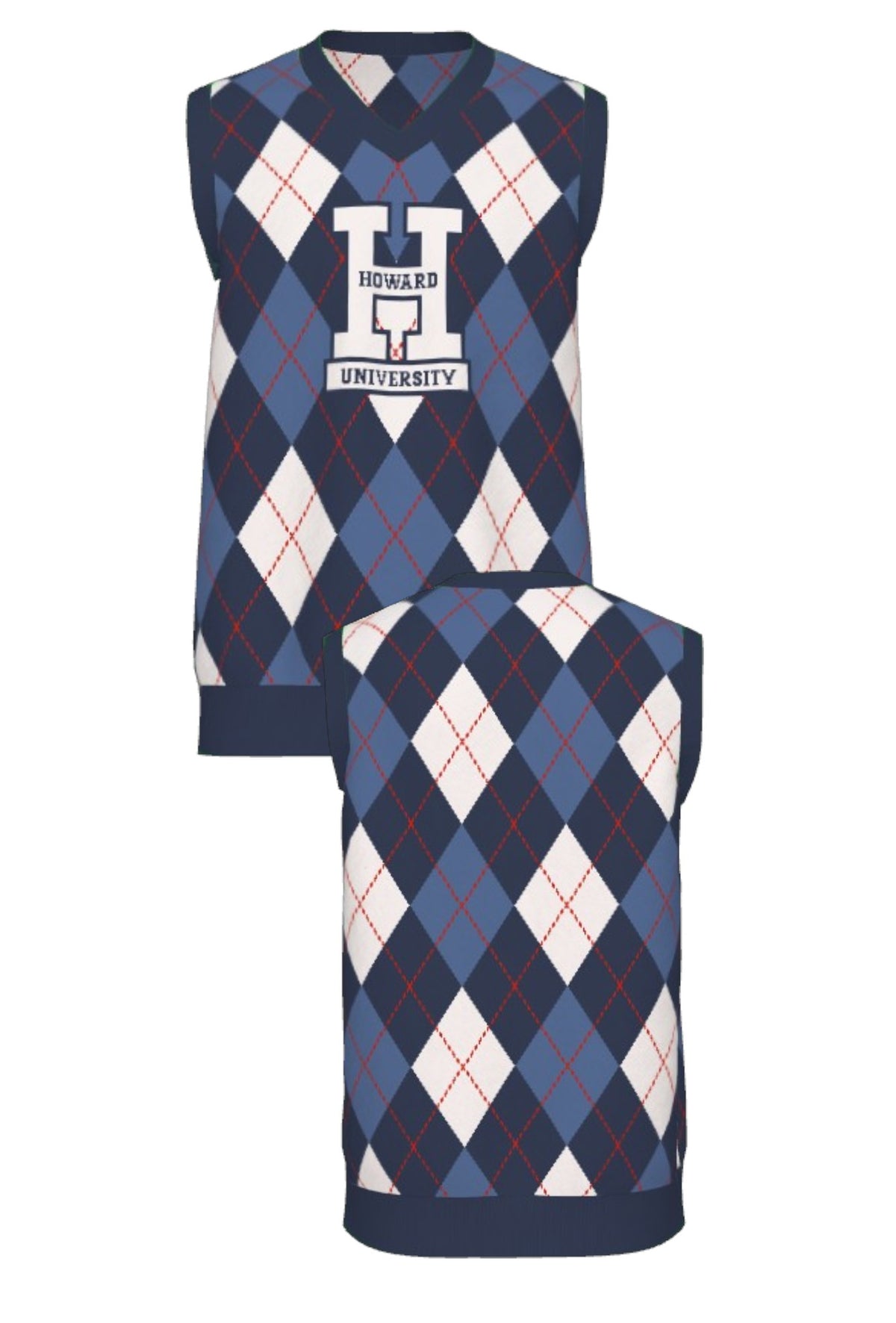 Howard University Argyle Knit v neck vest Sweater by SOUNDOFF, featuring a navy, denim and white argyle pattern with red accent stripes, navy trim, and a white knitted Block H with HOWARD and UNIVERSITY in navy on the front - FRONT and BACK