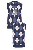 Howard University Argyle Knit v neck vest Sweater by SOUNDOFF, featuring a navy, denim and white argyle pattern with red accent stripes, navy trim, and a white knitted Block H with HOWARD and UNIVERSITY in navy on the front - FRONT and BACK