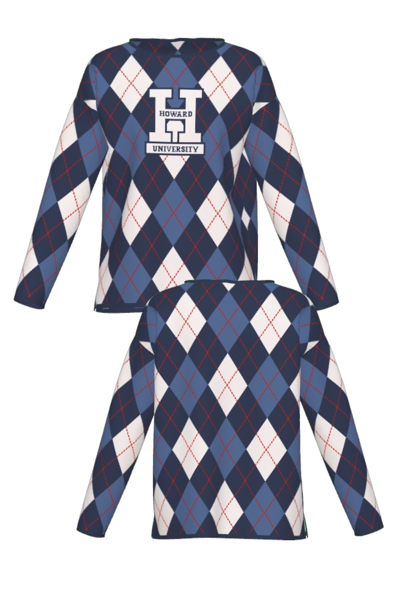 Howard University Argyle Knit women's Sweater by SOUNDOFF, featuring a navy, denim and white argyle pattern with red accent stripes, navy trim, and a white knitted Block H with HOWARD and UNIVERSITY in navy on the front - FRONT and BACK