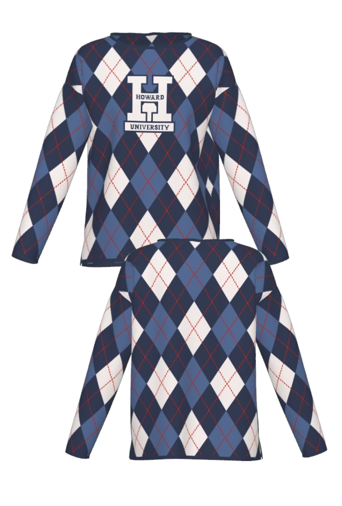 Howard University Argyle Knit women's Sweater by SOUNDOFF, featuring a navy, denim and white argyle pattern with red accent stripes, navy trim, and a white knitted Block H with HOWARD and UNIVERSITY in navy on the front - FRONT and BACK