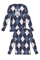 Howard University Argyle Knit women's Sweater by SOUNDOFF, featuring a navy, denim and white argyle pattern with red accent stripes, navy trim, and a white knitted Block H with HOWARD and UNIVERSITY in navy on the front - FRONT and BACK