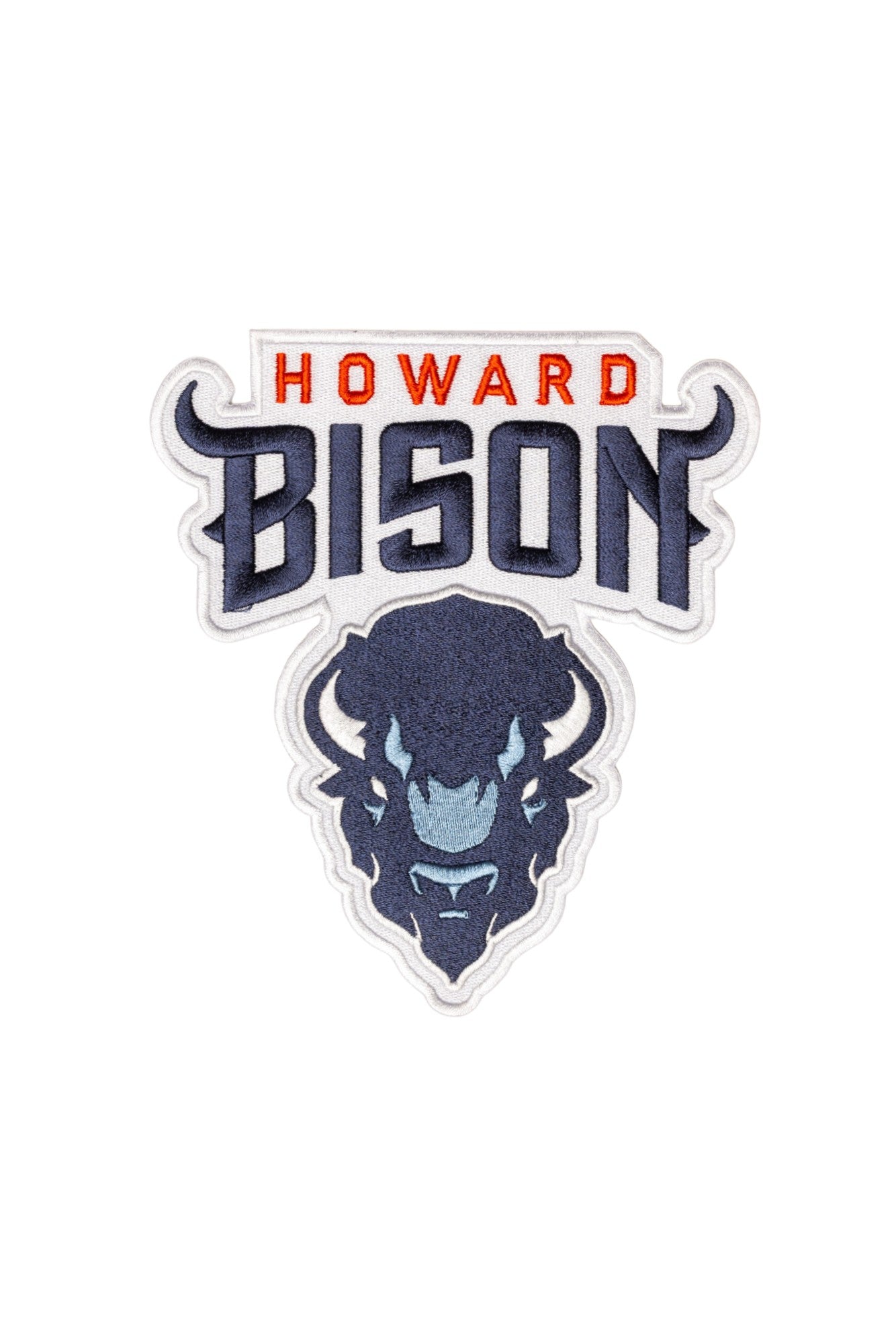 Howard University Bison Big Blue Mascot Crest embroidered patch by SOUNDOFF, featuring red HOWARD lettering, stylized navy BISON lettering, and Big Blue Bison mascot head with white background and trim, 3.3 x 2.9 inches, front view.