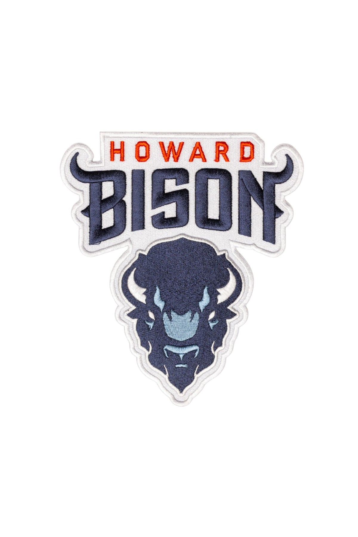 Howard University Bison Big Blue Mascot Crest embroidered patch by SOUNDOFF, featuring red HOWARD lettering, stylized navy BISON lettering, and Big Blue Bison mascot head with white background and trim, 3.3 x 2.9 inches, front view.