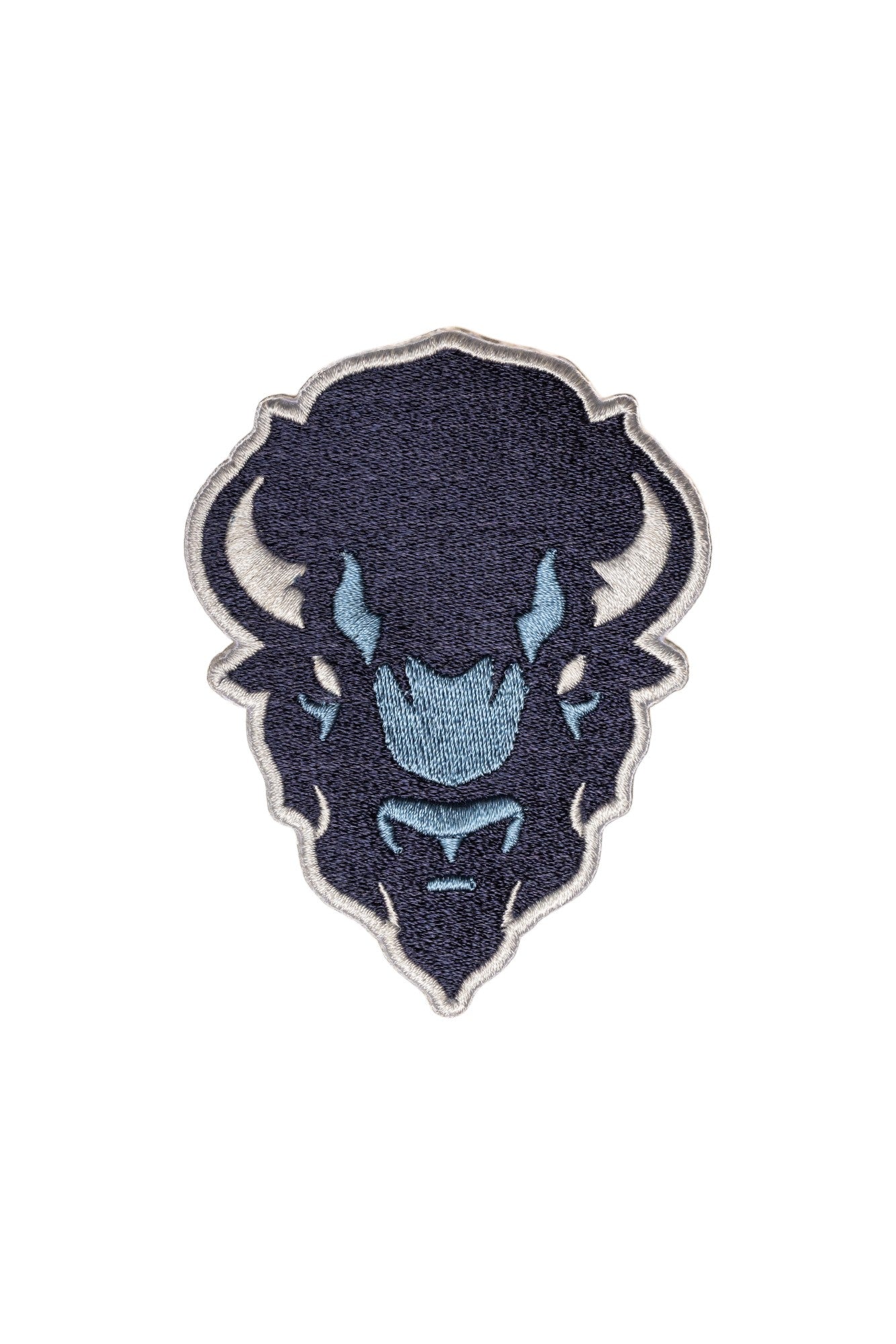Howard University Big Blue Bison Mascot Head embroidered Varsity patch by SOUNDOFF, featuring the Bison head in navy, denim and white, 5.0 inches wide x 6.5 inches tall, front view.